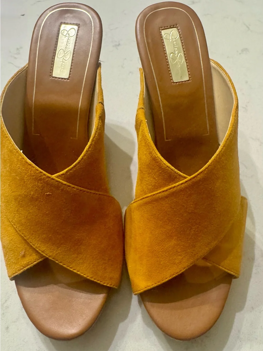 Jessica Simpson Mustard Suede Crossover Slide Mules Size 10
